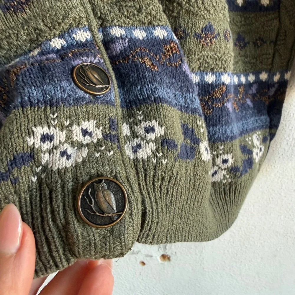 Vintage Cardigan Northern Reflections Sweater Fair Isle Owl Button Knit 90s Cozy